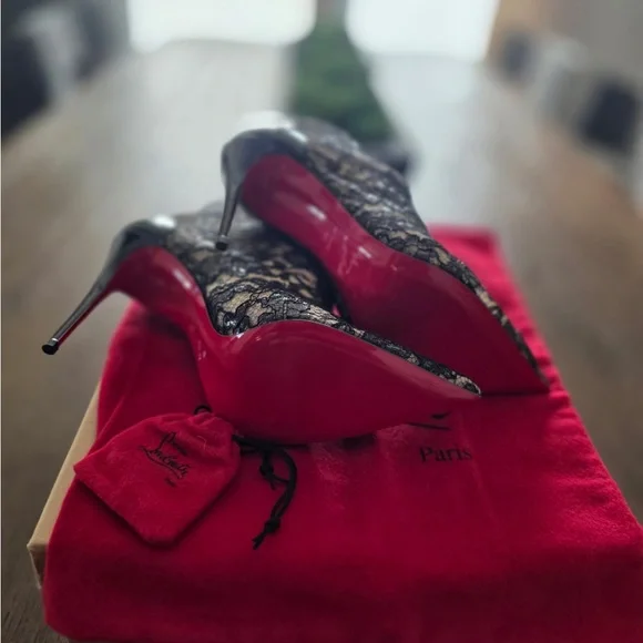 Christian Louboutin Black and Cream Lace Ankle Boots - Picture 2 of 7